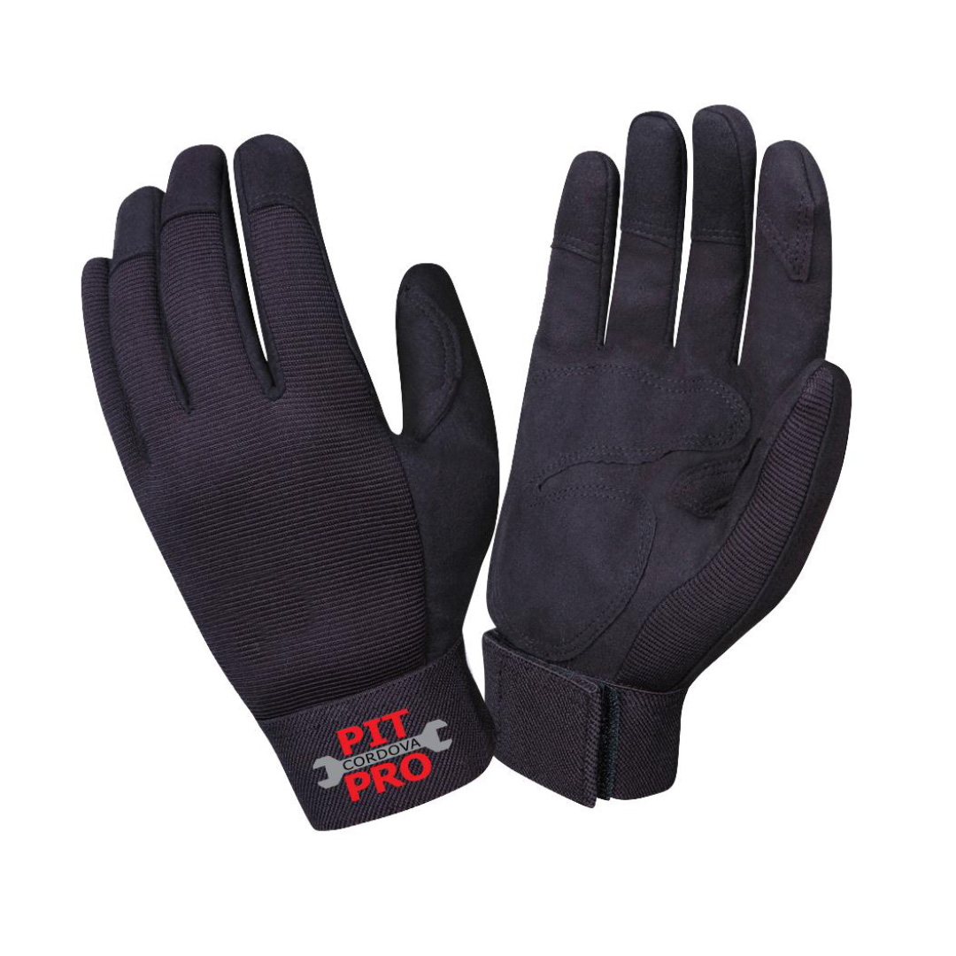 Mechanics Gloves, Pit Pro™, Black Synthetic Leather Double Palm, Black Stretch Spandex Back, Reinforced Fingertips, Breathable, Perforated Fingers #77875
